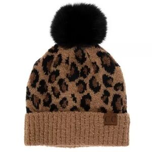 Leopard Boucle Knit POM CC Beanie